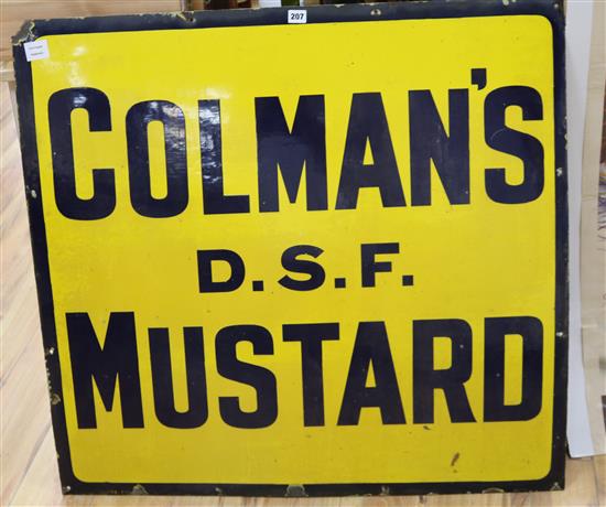 A large black and yellow Colmans mustard enamel sign